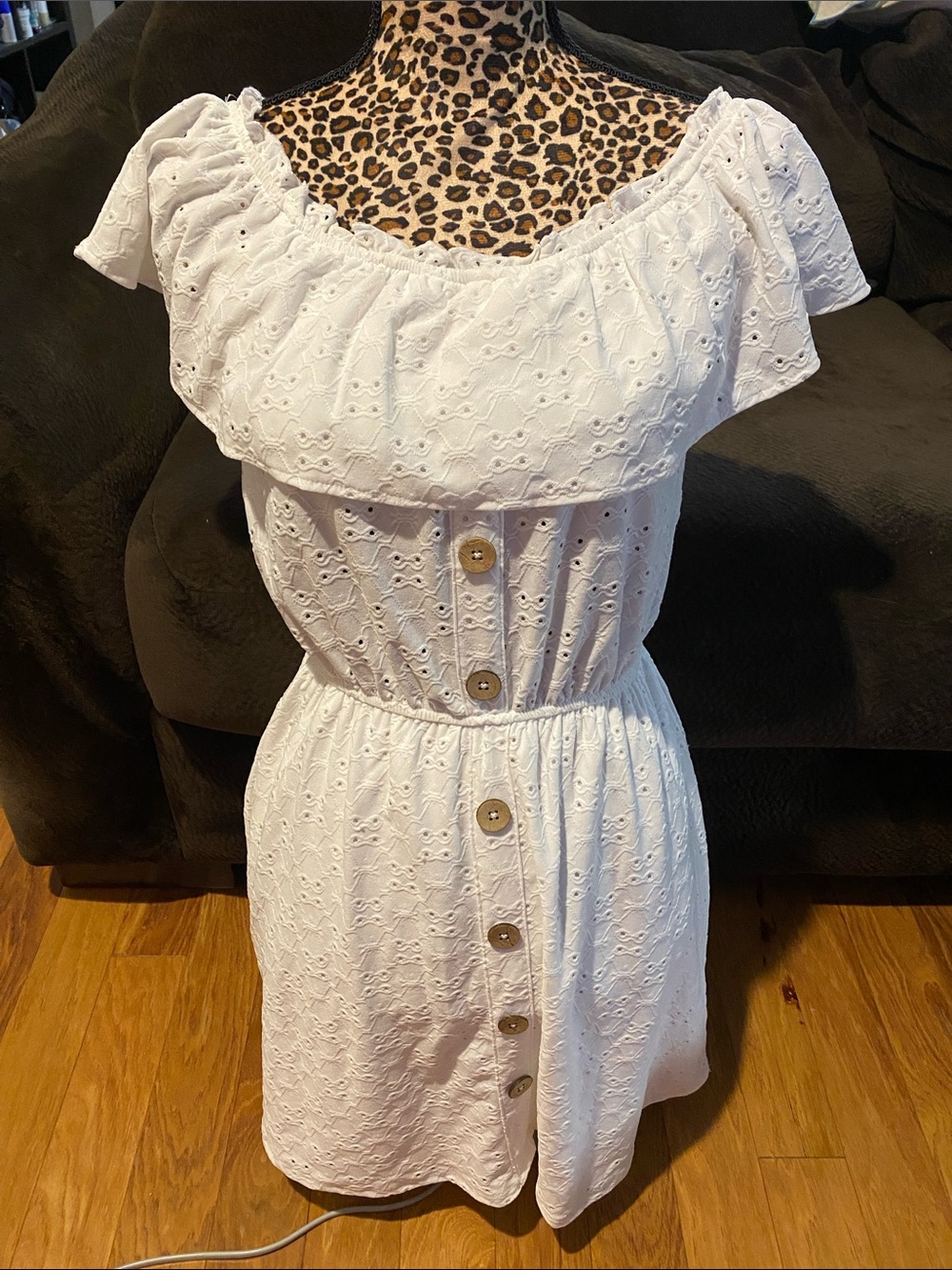 White Eyelet Off-Shoulder Button-Front Summer Dress